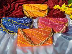 Classic Bandhej Designs Wedding Party Favors Clutch BagWith Pearl Handle for Valentine's Day Haldi / Mehndi Party Favors - Product Image 3