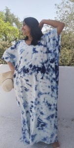 Boho Vintage Maxi <b>Tie</b>-<b>Dye</b> Rayon Kaftan for Women with V-Neck Flare Sleeves Summer Occasion - Product Image 2