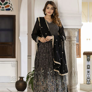 Ensemble de costume Anarkali Kurta Pant Salwar pour femmes Trendmalls en georgette brodée, pour les fêtes (G288-Noir), séchage rapide, protection solaire, recyclé - Product Image 1