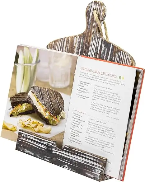 Çiftlik evi Torched ahşap yemek kitabı standı rustik ahşap iPad Tablet tarifi Binder okuma kitap tutucu