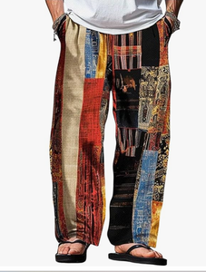 Multicolor Patchwork <b>Harem</b> Pants Elastic Waist Straight Leg Ankle Length Summer Casual <b>Trousers</b> With Side Pockets - Product Image 1