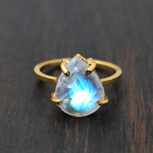 Natural Rainbow <b>Moonstone</b> <b>Ring</b> Teardrop Shape Gold Plated Handmade Boho Jewelry Prong Setting <b>Rings</b> June Birthstone <b>Ring</b> - Product Image 1