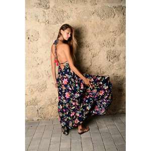 Robe longue d'été vintage pour femmes, dos nu, imprimé floral numérique, 100% coton naturel, pour soirée et fête - Product Image 1