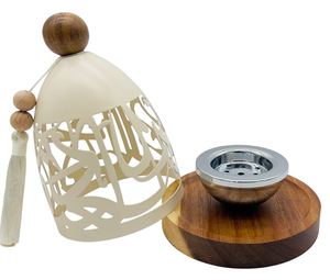 Quemador de Incienso de Caligrafía Árabe, Porta Incienso Bakhoor con Recipiente de Carbón Metálico y Base de Madera, Decoración Islámica para Regalo de Ramadán y Uso Doméstico - Product Image 1