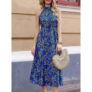 Robe maxi Supreme à imprimé, col halter et épaules dénudées pour femme, 35188 - Bleu - Product Image 2