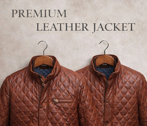 Men Diamond <b>Quilted</b> Leather Jacket Premium Style Insulated Jacket with Thermal Padded Lining Heavyweight Biker Workwear Jacket - Product Image 2