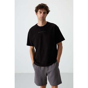 T-shirt imprimé pour homme, coupe ample, noir, jersey de coton épais texturé, 100% coton - 88364 - Product Image 6