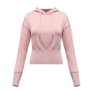 Sweat-shirt court à manches longues pour femmes, bloc de couleur unie, haut décontracté d'hiver avec logo d'insigne avant et capuche à cordon de serrage - Product Image 3