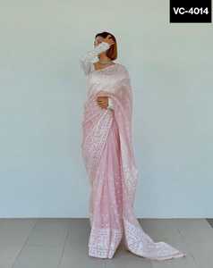 Saree à bordure en dentelle fantaisie de style indien avec soie organza et broderie Chemisier à séquence de broderie en Georgette pour tenue de fête - Product Image 6