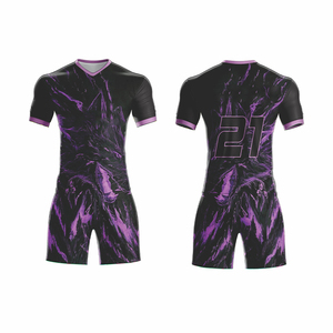 Ensemble de maillot de football pour homme personnalisé, motif noir et violet, respirant, séchage rapide, 100% polyester, tenue de sport d'été, short, sérigraphie - Product Image 1