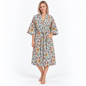 Women Floral <b>Print</b> Robe Knee Length Three Quarter Sleeve Soft Woven Polyester Casual Drawstring Closure - Product Image 1