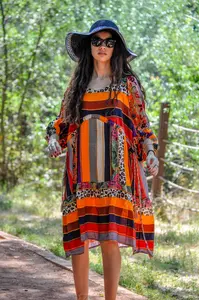 Meilleure qualité élégant été surdimensionné multicolore Patchwork robe pour les femmes Boho manches courtes col en v Sexy filles taille naturelle - Product Image 4