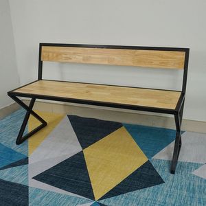 Muebles para el Hogar, Banco Rústico con Patas en Forma de X de Hierro, con Asiento y Respaldo de Madera de Caucho, GBD001 - Product Image 5