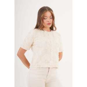 Cárdigan de Punto Beige de Manga Corta con Lentejuelas con Estampado Floral y Adornos de Tul, Elemento Floral de Moda - Product Image 3