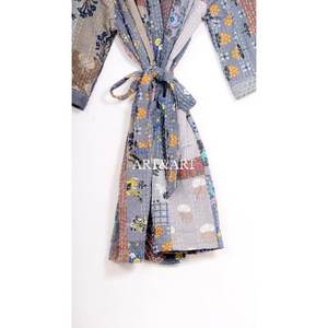 Hand-Stitched Black Patchwork Floral Design Summer Kimono Bath Robe Cut Work <b>Cardigan</b> Handmade Multi Kantha Quilted Breathable - Product Image 6