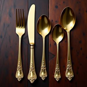 Ensemble de couverts de luxe en acier inoxydable plaqué or ensemble de couverts de 4 pièces avec fourchette, couteau, cuillère de portabilité au design vintage élégant - Product Image 4
