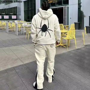 Chándales personalizados de algodón OEM con estampado de corte crudo con borde de dobladillo con capucha para hombres, chándal apilado acampanado para hombres, conjunto de Jogger de dos piezas - Product Image 4