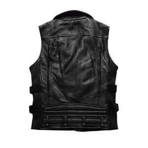 Gilet en cuir de vachette véritable pour hommes Production OEM Classic Biker Fit Marque personnalisée et marque privée en gros - Product Image 5