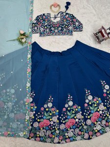 El diseñador indio más vendido tradicional Chinon seda Lehenga Choli con bordado para Bodas de fiesta de verano incluye Dupatta - Product Image 2