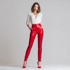 Fashionable Red Leather Pants Women <b>Winter</b> Outwear PU Leather <b>Trouser</b> Pant Ladies Sheep Skin Genuine Leather Pant Women's - Product Image 3