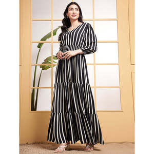 Deebaco Women's Striped V-Neck Maxi <b>Dress</b> 3/4 Sleeve A-Line Loose Fit Breathable Summer Casual Long <b>Dress</b> With Layered Hem - Product Image 3
