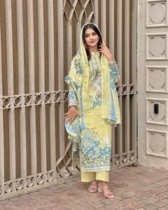 Conjunto Exclusivo para Fiesta de Oficina para Mujer, Completamente Cosido, Top y Falda hasta la Rodilla, Estampado Digital Intenso, Dupatta de Encaje, Color Sólido Natural, Lavable - Product Image 4