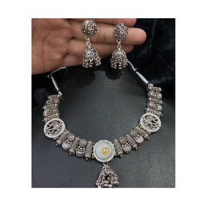 Conjunto de collar de Gargantilla con tachuelas de diseño de pavo real vintage ligero de piedra oxidada plateada, pendientes para mujer y niña, ropa de boda - Product Image 5