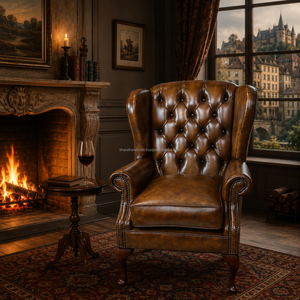 Sillón Chesterfield de Cuero Genuino con Respaldo Acolchado, Brazos Enrollados, Patas de Madera Maciza, Color Marrón, Sofá para Sala de Estar - Product Image 1