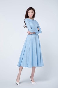 Neo arrivato alla moda per il tempo libero abiti pieghettati Midi primavera a maniche lunghe in <span class=keywords><strong>lino</strong></span> abbigliamento donna <span class=keywords><strong>abito</strong></span> da festa - Product Image 3