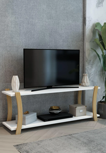 White Wooden <b>TV</b> <b>Stand</b> with Shelf 2-Tier <b>TV</b> Console Modern & Minimal Design - Product Image 5