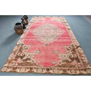 พรมตุรกีโบราณขนาดใหญ่6.5 x 12.4ft ขนแกะสีน้ำตาลชมพูแบบแอบสแตรกต์ด้านหลังเป็นยางสำหรับโถงทางเดินห้องพรมปูพื้นทรงสี่เหลี่ยมผืนผ้า - Product Image 1