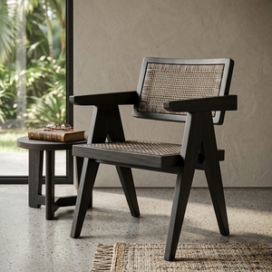 Black Solid Wood Woven Rattan <b>Armchair</b> V Leg Chandigarh Style Accent <b>Dining</b> Chair Outdoor Patio Setup Art Design Decor - Product Image 3