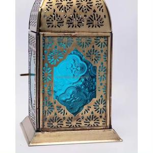 Christmas Decorative Antique Gold Metal Moroccan <b>Candle</b> Lantern with <b>Blue</b> Colored Glass Hanging and Floor Lanterns - Product Image 4
