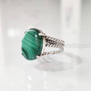 Bague pour femme en argent sterling 925 avec pierre précieuse naturelle en malachite, 3 bandes torsadées, style bohème, cadeau de Noël, bijoux faits à la main - Product Image 2