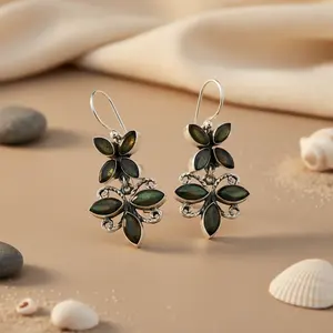 Boucles d'oreilles en argent 925 pour femmes, labradorite, fleur, plaqué or 18 carats, créoles et clous, bijoux tendance pour mariage - Product Image 3