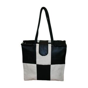 Customizable Reusable Leather & Canvas Combination Tote <b>Bag</b> Fashionable Top <b>Zip</b> Closure with Geometric Pattern - Product Image 1