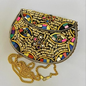 Luxe outre-mer à la main coupe pierre mosaïque métal sac pierre pochette ethnique indien femmes/filles mariée métal pochette fête fronde sac à main - Product Image 1