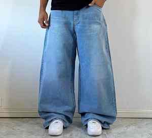 Jeans en denim ample à jambe droite pour homme, style streetwear, lettres tissées, délavage déchiré, séchage rapide, taille mi-haute, logo personnalisé, couleur personnalisée - Product Image 5