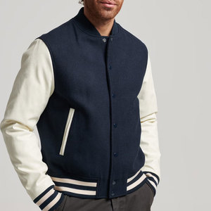 Veste de sport pour homme bleu marine avec manches crème, col montant, fermeture à boutons, vêtement décontracté pour l'automne - Product Image 1