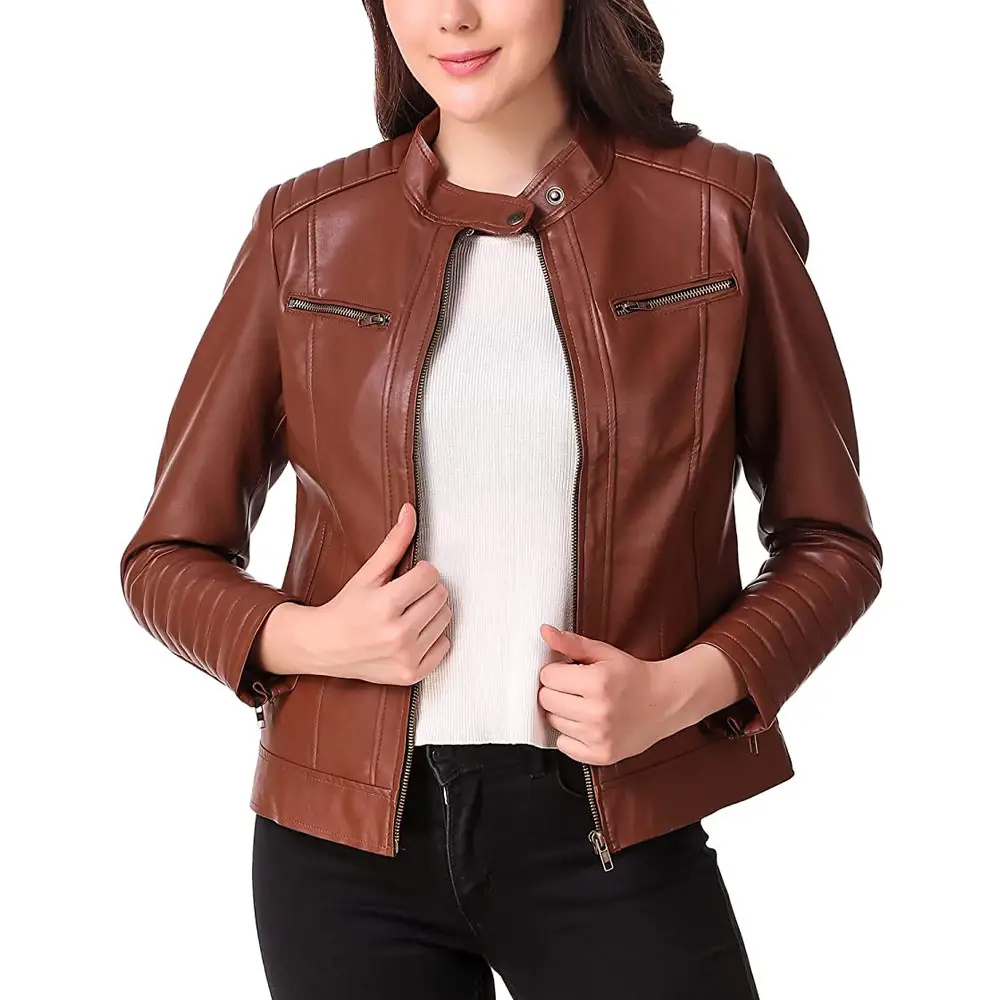2023 nueva chaqueta de cuero elegante personalizada para mujer chaqueta de cuero genuino ajustada para mujer con logotipo personalizado