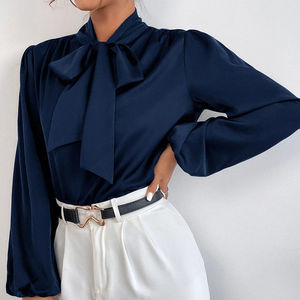 Último diseño Navy Ladies Office Blusas Ropa de moda Mujeres Tie Neck Blusa Satén Blusa de manga larga - Product Image 4