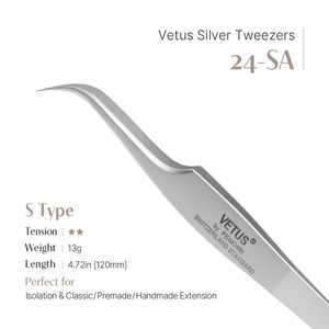 Pince à épiler Vetus 24-SA en acier inoxydable argenté, courbée en S, pour cils, précision, fibres pour cils, volume élevé - Product Image 2