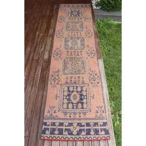2.2x10.7 ft Vintage Rug, Turkish <b>Runner</b> Rug, <b>Red</b> Blue Moroccan Wool Rug - Product Image 1