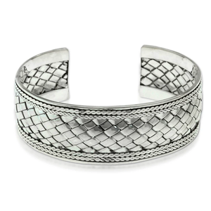 Pandan Weaving Design Elegant <b>Fashion</b> Hand-Crafted Sterling Silver <b>Cuff</b> <b>Bracelet</b> Chain Link Bangles Christian Inspired Gift Idea - Product Image 1