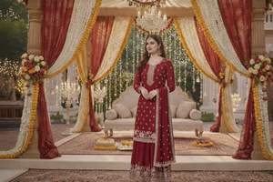 Vrai chinnon avec broderie, travail de séquence de 3 mm, costume palazzo pour mariage et occasions de fête, costume palazzo pakistanais - Product Image 3