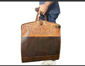 Real Handmade High Quality Full Grain Leather Brown Suit Carrier <b>Garment</b> Cover Personalized Leather Groom Present Suit Cases - Product Image 4