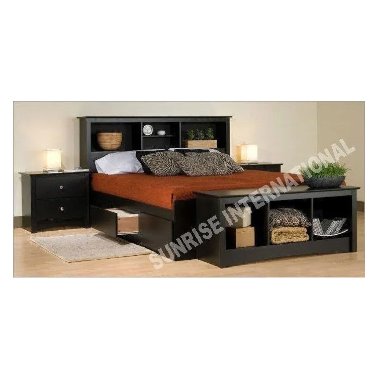Pemasok furnitur kamar tidur gaya kontemporer Sheesham Wood King Size Double Bed dengan 4 laci penyimpanan dan rak Headboard