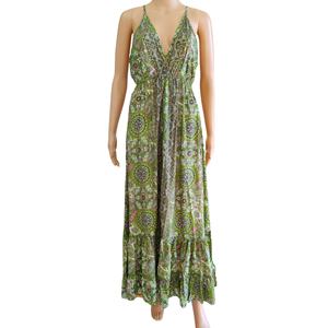 Talla Única Y2K Estilo Boho Natural, Vestido Maxi de Seda Tejida India con Estampado Geométrico, Cuello en V, Sin Mangas, Casual, Antiarrugas, Estilo Coreano para Verano - Product Image 1