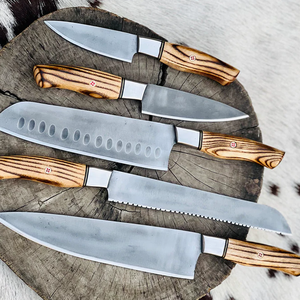 Juego de cuchillos de cocina de acero damasco lavados con ácido de 5 piezas hechos a mano, rollo de cuero personalizable, mangos de madera corpulida, apto para lavavajillas - Product Image 5