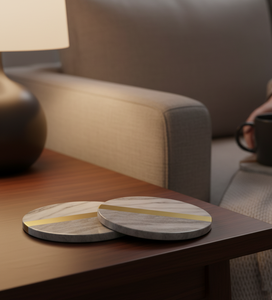 Dessous de verre en marbre poli avec accent en laiton de qualité supérieure rond de 4 pouces en pierre écologique résistante à la chaleur pour la maison et le bureau modernes - Product Image 2